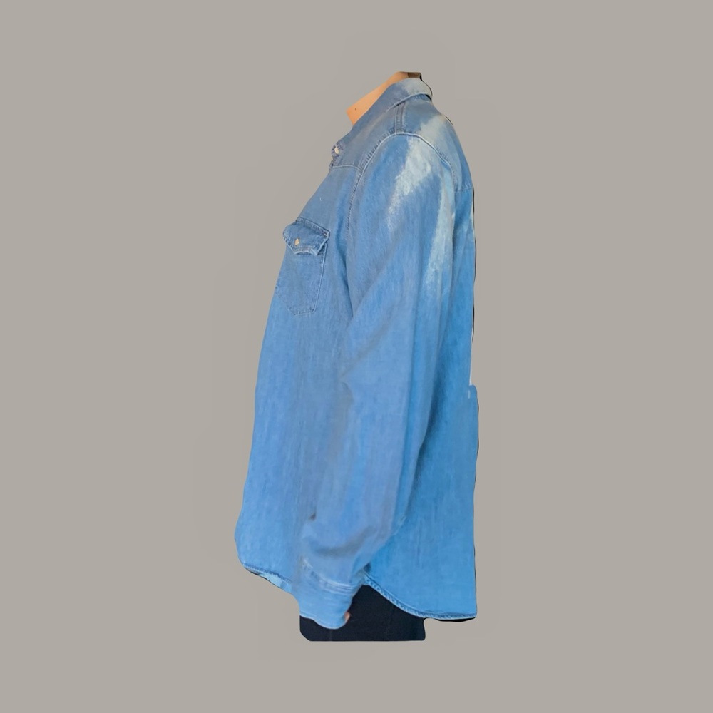 Upcycled Denim bleached Bigfoot or Sasquatch footprint button down shirt. - Picture 12 of 14